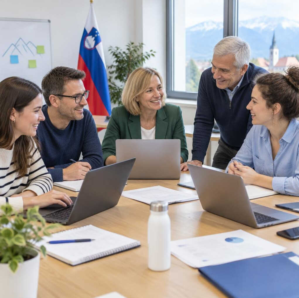 Group of adults working together around a table during a workshop