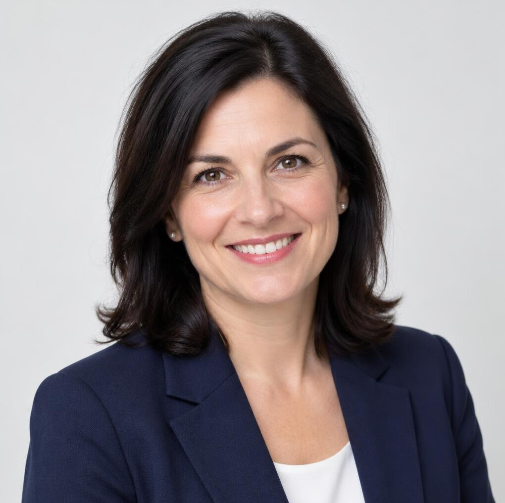 Portrait of a smiling businesswoman with dark hair in a bright office